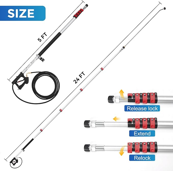 FIDISP Telescoping Pressure Washer Wand 24 FT, Gutter Cleaning Tool with Brush, Power Washer Extension Wand, Pivoting Coupling, 7 Nozzle Tips