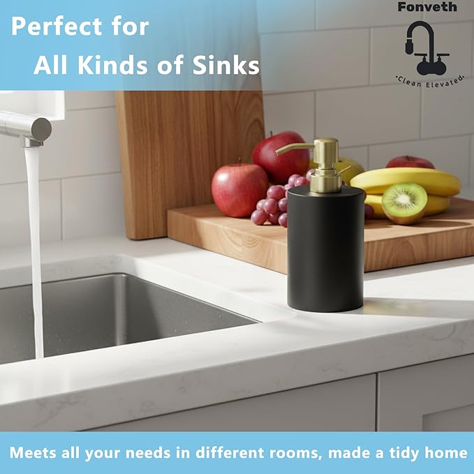 Soap Dispenser Black and Gold Countertop for Bathroom Kitchen Stainless Steel Pump, Liquid Soap Dispenser 13.5oz Resin Lotion Dish Soap