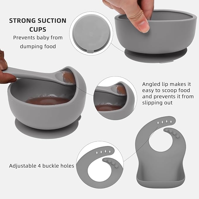 16 Pack Silicone Baby Feeding Set, BPA-Free Baby LED Weaning Supplies, Include Suction Plates, Baby Bowls, Silicone Fork & Spoon, and More, First Stage Baby Food Eating Utensils - 6+ Months(Grey,16)