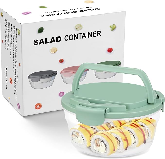 Salad Container for Lunch, Bento Lunch Box 58-oz with 4 Compartments Tray and Ice Pack, Leak-Proof Salad Bowl with Lid for Adults
