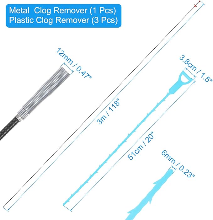 uxcell 3pcs 20 Inch Drain Hair Clog Remover Tool PP & 120 Inch Drain Cleaner Tool Sticks Stainless Steel Sewer Cleaning Hook Unclog Sink Unclogger for Toilet Bathtub Sewer, Blue