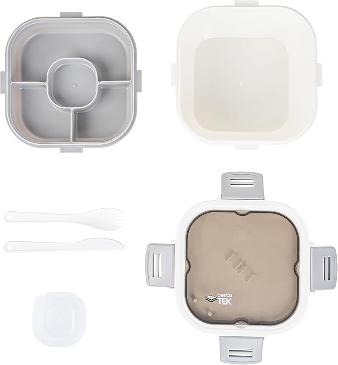 Restaurantware-Bento Tek 57.5 Ounce Bento Box, 1 Reusable Lunch Container - With Fork And Knife, Does Not Contain BPA, White And Gray Plastic Reusable Lunch Box, Microwavable, Dishwashable
