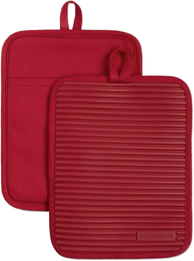 KitchenAid Ribbed Soft Silicone Pot Holder 2-Pack Set, Passion Red, 7"x9"