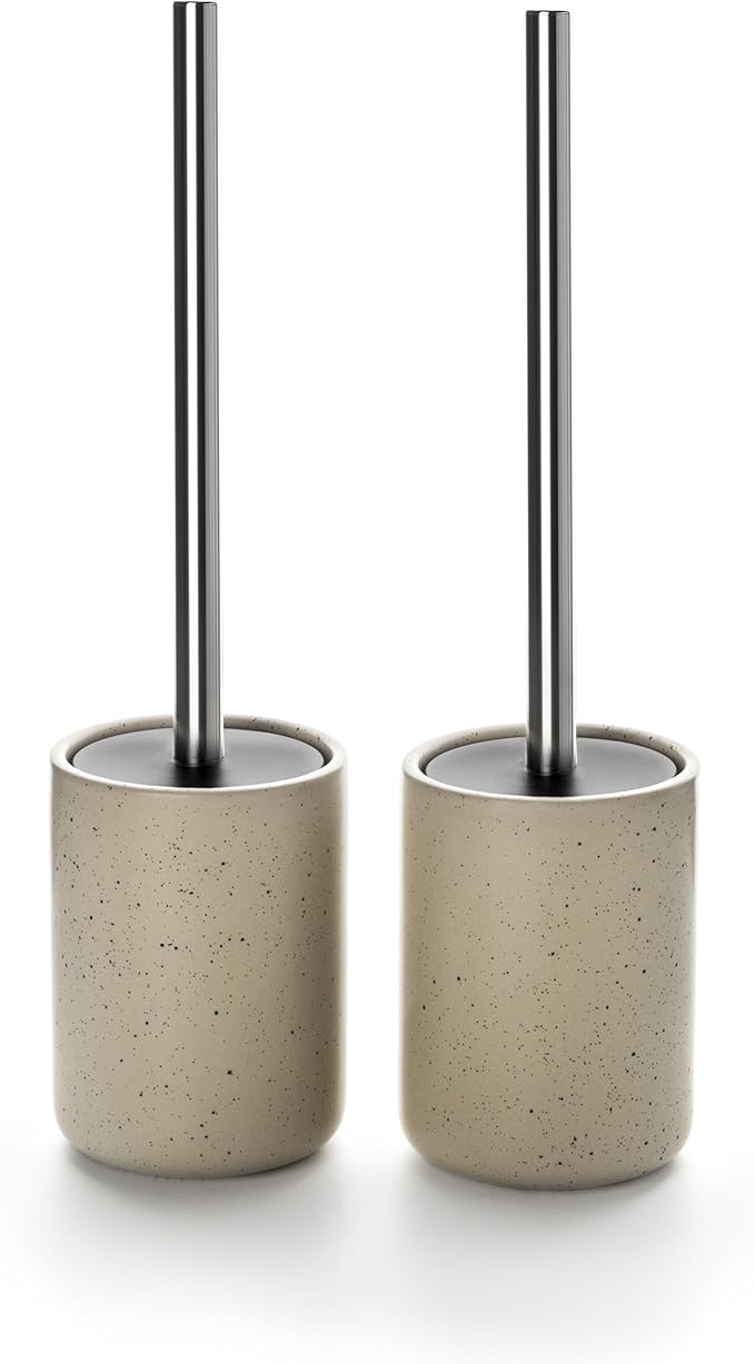 Ceramic Toilet Brush & Holder Set - Freestanding Deep-Cleaning Toilet Bowl Cleaner Brush, Stainless Steel Handle, Small & Sturdy for Storage, Easy to Clean, Non-Scratching