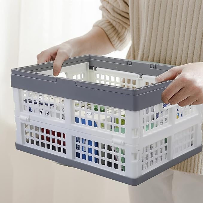 Teyyvn 2-Pack Collapsible Crate with Handle, Stackable Grocery Shopping Baskets