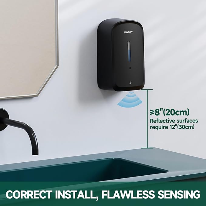anydry Commercial Automatic Soap Dispenser Large 34oz/1000ml Capacity Wall-Mounted Touchless Liquid Dispenser for High-Traffic Restrooms, Offices, Hospitals Model AD1220S Black