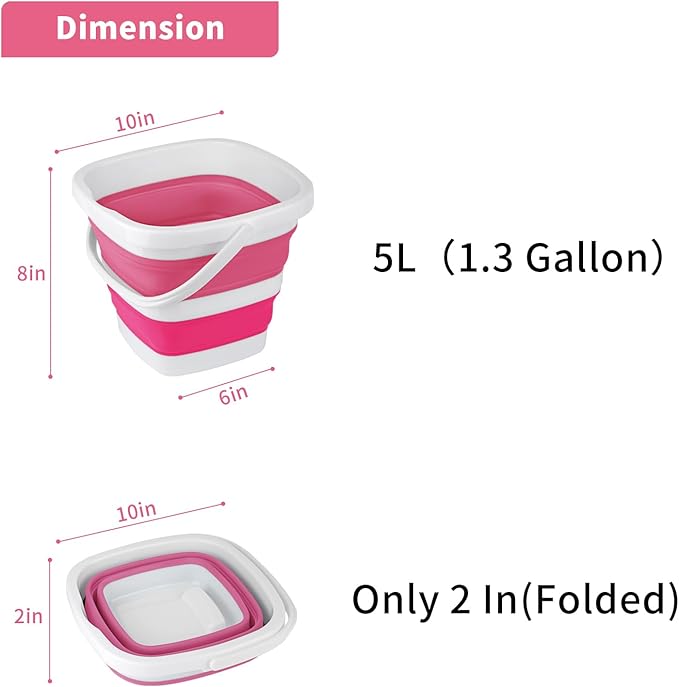 2 Pack Collapsible Buckets 5L 1.3Gallon Small Cleaning Bucket for Household Portable Plastic Bucket Outdoor Car Washing Tub Foldable Camping Beach Sand Water Pot Pail Space Saving Square Grey and Pink