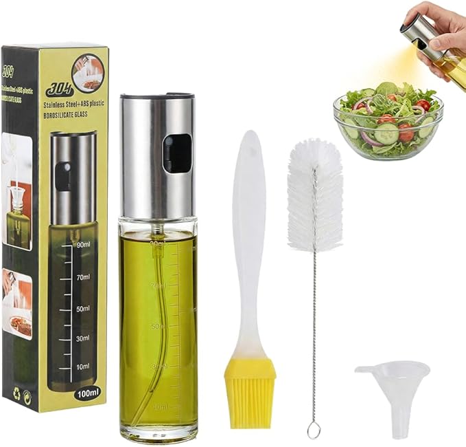 Oil Sprayer for Cooking,Olive Oil Sprayer,3.38 Oz/100ml,Press Oil Spray Pot with Scales,304 Stainless Steel Glass Oil Spray Bottle for Salad, Baking, BBQ, Air Fryer Accessories (1 Bottle with tools)