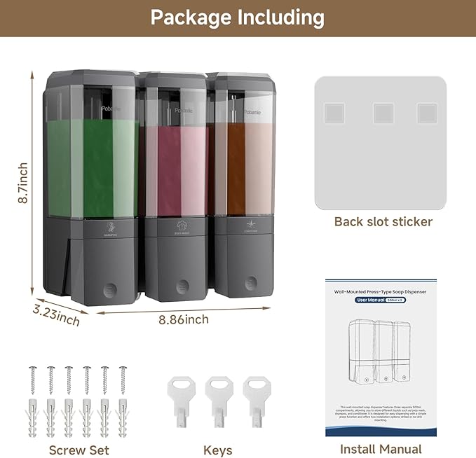 Shampoo and Conditioner Dispenser Wall Mounted, Shower Soap Dispenser No Drill Upadate Easy Slot Install, Shampoo Dispenser for Shower Bathroom Large Capacity 500ml * 3 Chamber Holder Gungray