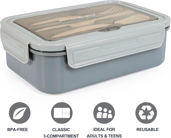 Caperci Classic Bento Box Adult Lunch Box for Older Kids - Leakpoof 47 oz 3-Compartment Lunch Containers for Adults and Teens, Built-in Utensil Set