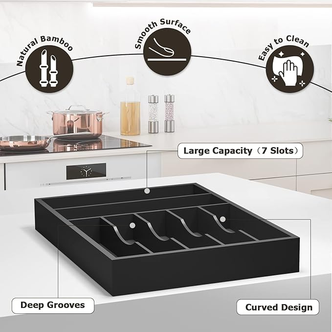 Utensil Organizer Silverware Drawer Organizer - 7 Slots Bamboo Silverware Tray For Kitchen Cutlery Office Supplies Makeup Desk Storage Garage Tool Organization W13”x L17” (Black)