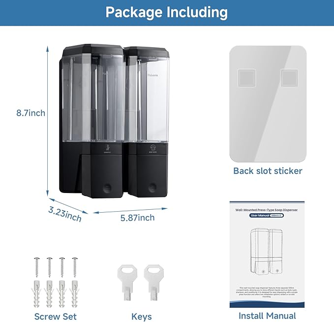 Shampoo and Conditioner Dispenser Wall Mounted, Shower Soap Dispenser No Drill Upadate Easy Slot Install, Shampoo Dispenser for Shower Bathroom Large Capacity 500ml * 2 Chamber Holder Black
