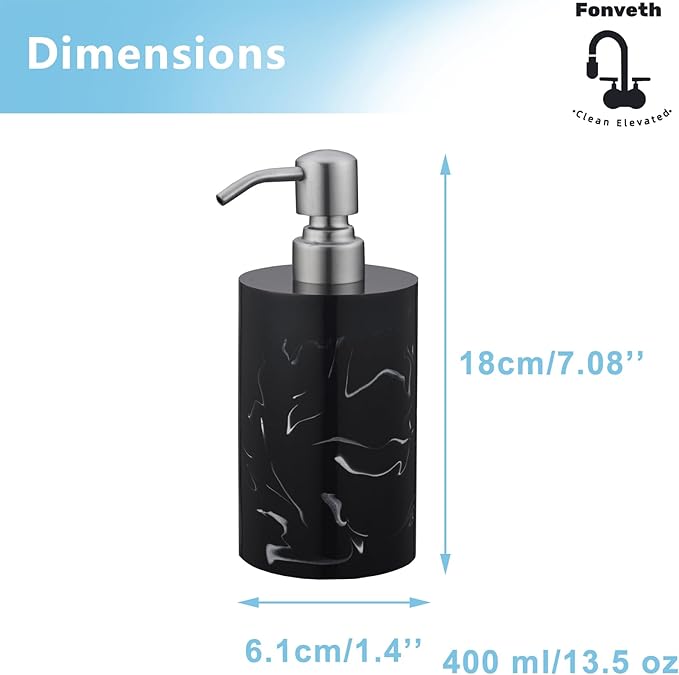 Soap Dispenser Countertop Black Marble for Bathroom Kitchen 13.5oz Resin Brushed Nickel Stainless Steel Pump for Liquid Hand Soap, Lotion and Dish Soap
