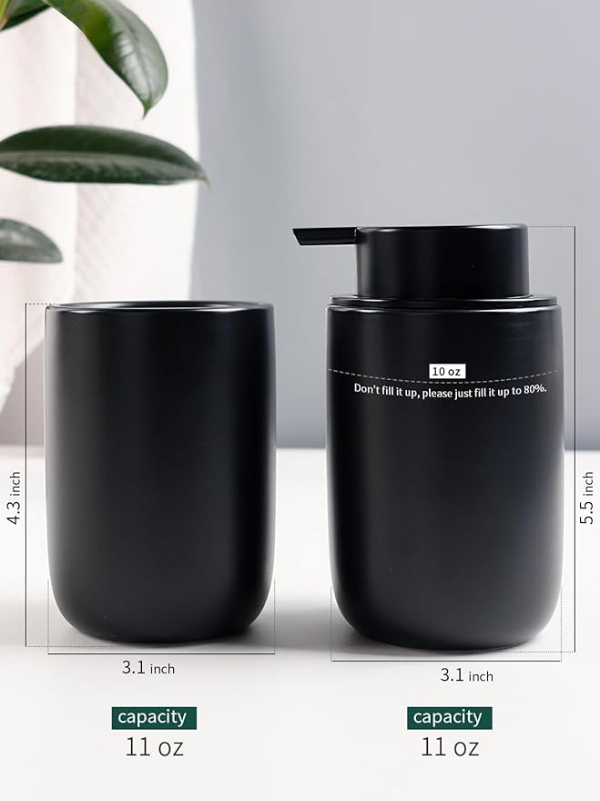 Bosilunlife Soap Dispenser and Toothbrush Holder Set - Dish Hand Soap Dispenser Bathroom Set Ceramic Bathroom Counter Soap Toothbrush Holder Set Black Bathroom Accessories Set