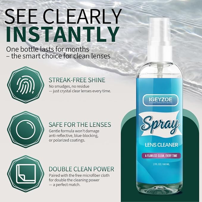 Eyeglass Lens Cleaner Spray Kit - (2x2oz) Glasses Cleaner Bottle + (4X) Microfiber Cloth 6.9"×5.7", Alcohol Free Eyeglasses, Screen