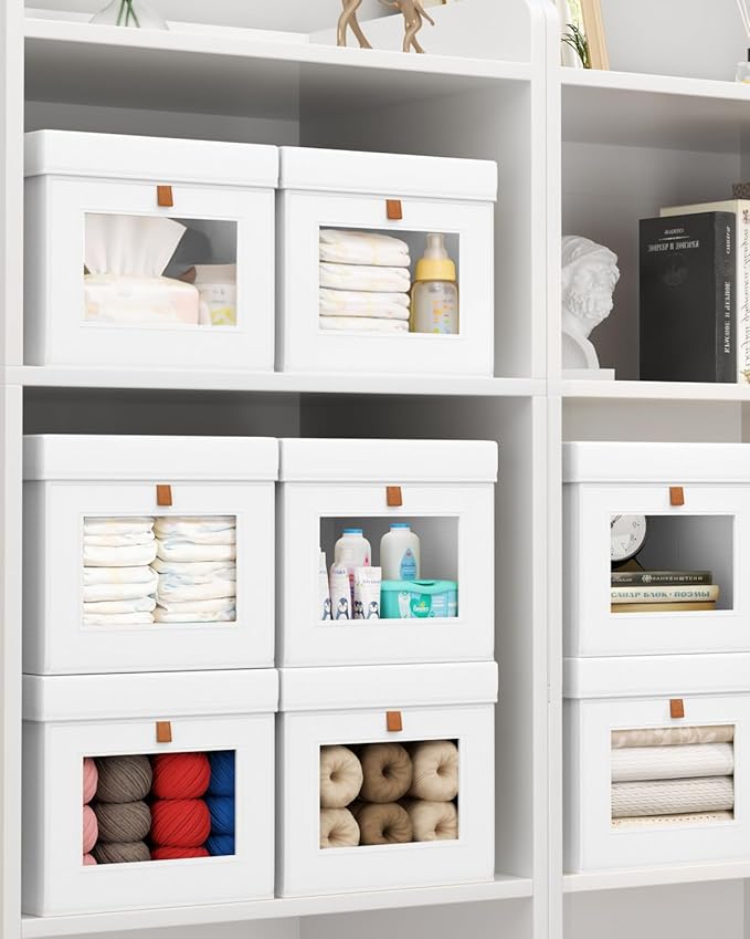 Homsorout Storage Bins with Lid – Closet Organizer with Side Opening and Clear Window, Foldable Stackable Fabric Basket for Clothes, Home, Office - 13.77" x 11.8" x 9.8", 4 Pack, White