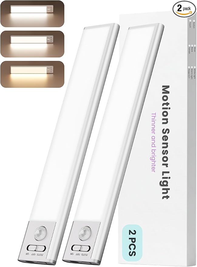 9 inch Under Cabinet Lighting, Cordless USB Rechargeable Motion Sensor Closet Light Indoor, Magnetic Adhesive LED Lights, Peel and Stick Light Bar for Counter, Shelf, Stairs, Pantry (2 Pack)