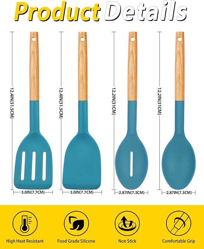 Pack of 4 Silicone Cooking Utensils Set, Non Stick Solid Spatulas and Heat Resistant Slotted Spoons with Wooden Handle, Ideal Wood Kitchen Utensils Set for Frying,Serving,Turning,Stirring (BLUE)