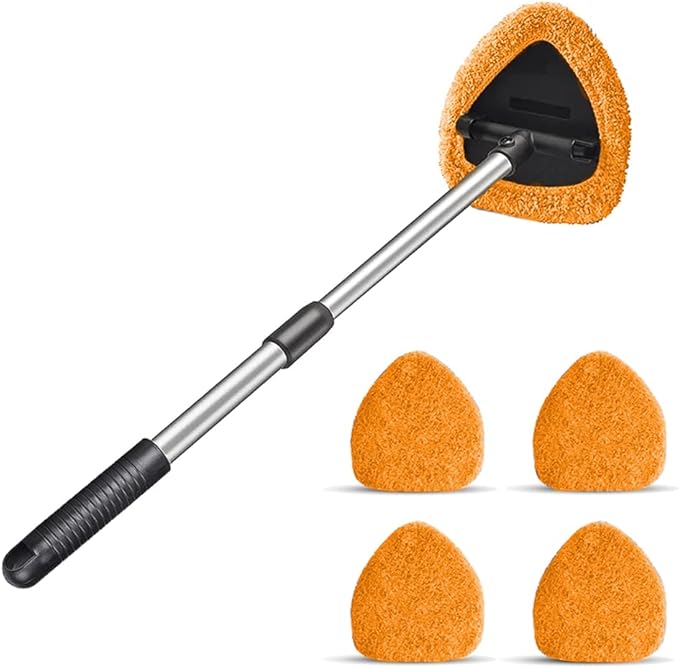 Windshield Cleaning Tool, Car Window Cleaner with 4 Washable Reusable Microfiber Pads, Extendable Long Handle Glass Wiper Cleaning Kit