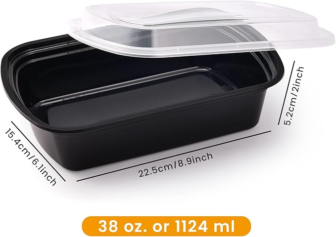 Kitch’nMore 38oz Meal Prep Containers, Extra Large &Thick Food Storage Containers with Lids, Reusable Plastic,Disposable Bento Box,Stackable