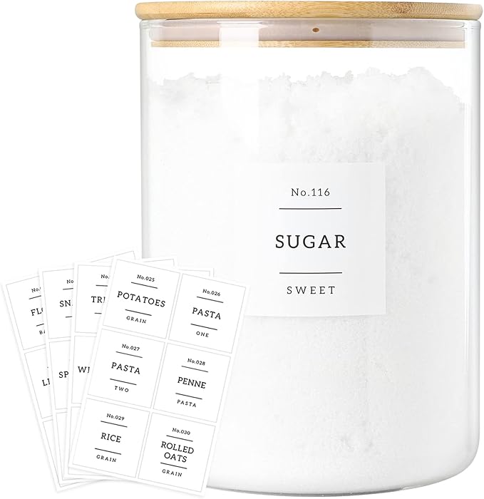 CZSZYGHBAO Large Glass Flour and Sugar Containers Jars with Bamboo Airtight Lid - 100 Fl Oz (3000ml) with Kitchen 42 Pantry Labels for Dry Food, Flour