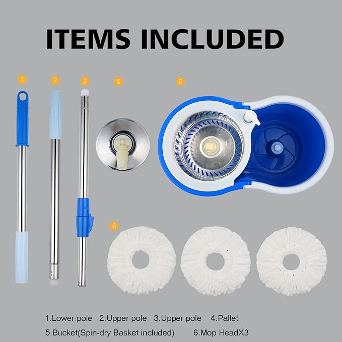 Spin Mop and Bucket with Wringer Set, 360° Spinning Mop Bucket System with 3 Microfiber Mop Replacement Heads and 61" Stainless Steel Adjustable Handle for Floor Cleaning (20QT)