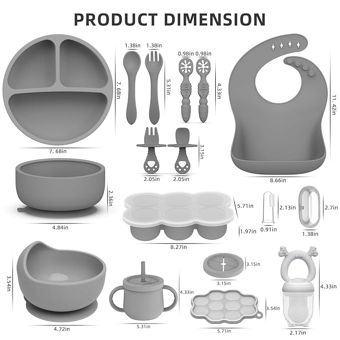 16 Pack Silicone Baby Feeding Set, BPA-Free Baby LED Weaning Supplies, Include Suction Plates, Baby Bowls, Silicone Fork & Spoon, and More, First Stage Baby Food Eating Utensils - 6+ Months(Grey,16)