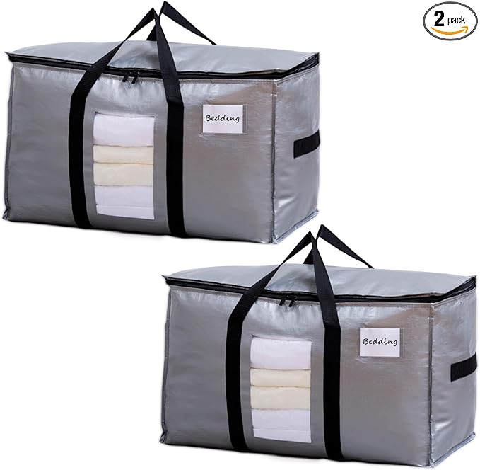 TAILI Extra Large Moving Bags, 2 Pack Silver Heavy Duty Totes for Storage with Visible Window, Wrap Around Handles, Storage Bags for Space Saving