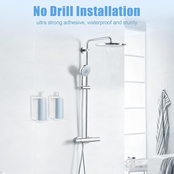 No Drill Shampoo & Conditioner Holders 2 Pack Adhesive Wall Mount Hand Soap Holder for Pump Bottle, 11LB Weight Capacity Fit Large Lotion Bottle