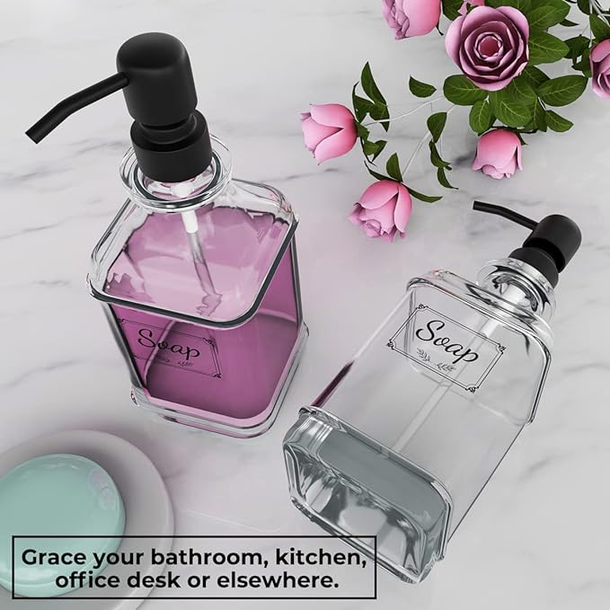 GLADPURE 2 Pack Soap Dispenser, 18 Oz Antique Design Thick Glass Hand Dispensers; with 304 Rust Proof Stainless Steel Pump, 6Pcs Clear Stickers, for Kitchen, Bathroom- Black