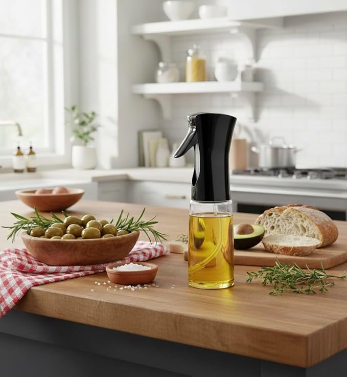 Olive Oil Sprayer for Cooking 220ml, Refillable Glass Oil Dispenser Bottle with Fine Mist Spray, Kitchen Oil Mister for Air Fryer, Salad, BBQ, Roasting and Baking