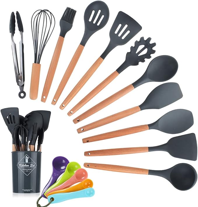 17PCS Silicone Utensils Set with Wooden Handle Heat Resistant Cookware Utensils Kit Easy To Clean Kitchenware Kitchen Tools for Non-Stick Cookware - Gray