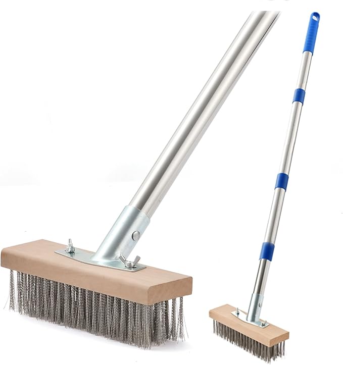 MAXMAN Stainless Steel Wire Scrub Brush with Long Handle, 63" Heavy Duty Large Wire Brush, Stiff Metal Bristle Floor Scrubber, Outdoor Patio Cleaning, Wire Broom for Deck, Concrete, Moss Removal