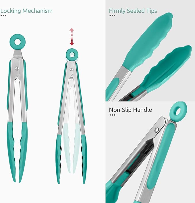 600ºF Heat Resistant Kitchen Tong: U-Taste 7in Silicone Cooking Tong with Firm Sealed Non Stick Rubber Tips & Silicon Coated 18/8 Stainless Steel Handle & Smooth Locking for Serving Salad (Aqua Sky)