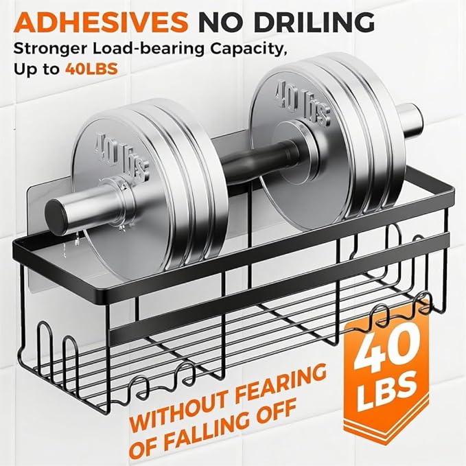Self Adhesive Shower Caddy, 2-Pack No Drilling Rustproof Bathroom Organizers and Storage with Save Space Hooks, Apartment Essentials for Bathroom, Kitchen & Living Room