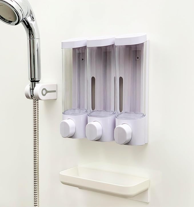 RANKADO Luxury Shower Soap Dispenser Bathroom with Tray,Drill Free Shampoo and Conditioner Dispenser with Mounting Tapes,Shower Soap Dispenser with Labels,Shampoo Dispenser for Shower Wall