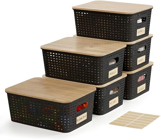 Bagnizer Small Plastic Storage Bins with Bamboo Lids 5.2qt Stackable Box Basket Pantry Decorative Containers Cute with Labels for Organizing Desktop