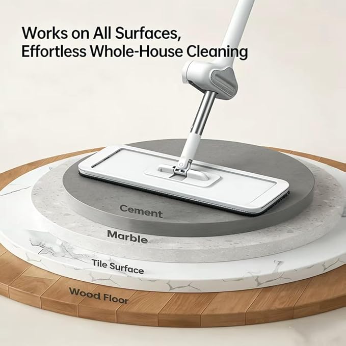 Large Flat Mop and Scalable Bucket with Wheels, 360 Rotating Microfiber Dust Mop with Dewatering Scraper, 54" Adjustable Stainless Steel (1 Mop + 4 Microfiber Pads + 1 Bucket)