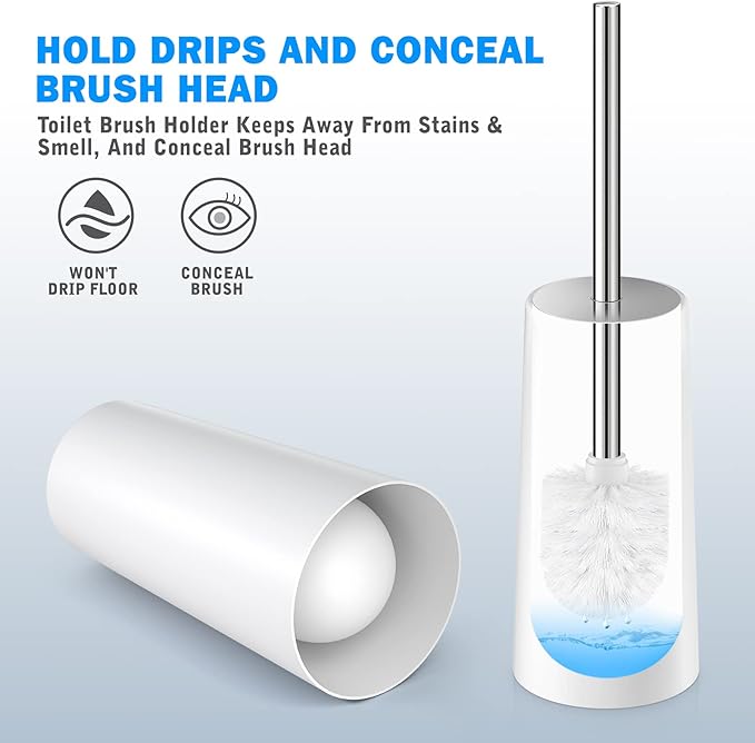 Toilet Brush and Holder, Toilet Brush with 304 Stainless Steel Long Handle, Toilet Bowl Brush for Bathroom Toilet-Elegant-Cleaning-Bristles(White)