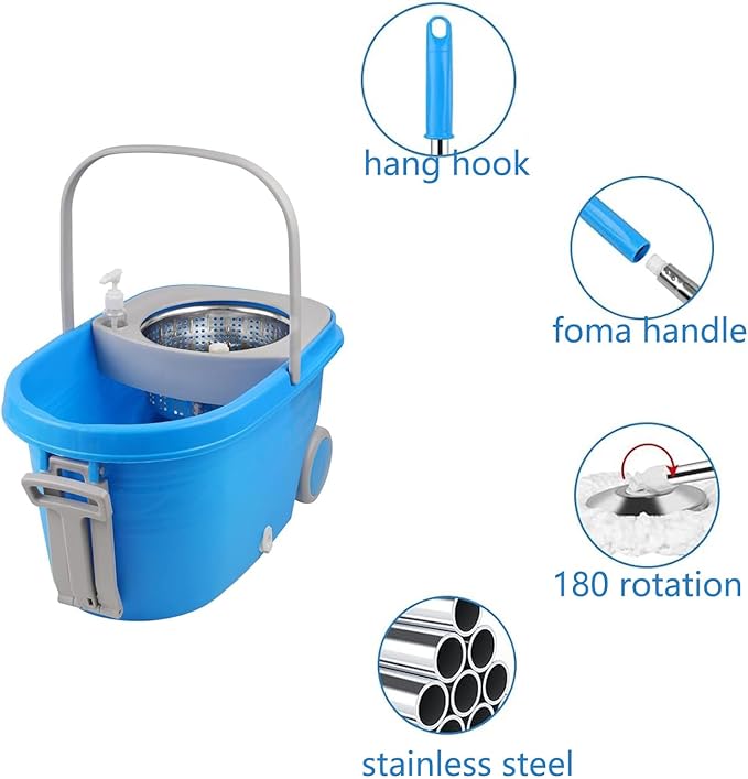 Mop Bucket with Wringer Set On Wheels,360 Spin Mop and Bucket Set,with 61" Stainless Steel Telescopic Handle and 3 Replacement Head(25QT,Blue)