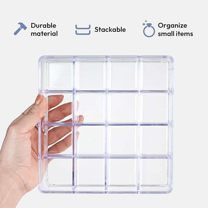 carrotez Small Stackable Jewelry Organizer Tray, 16 Grid, Clear Plastic Drawer Organizer for Makeup, Accessories, Desk, Vanity