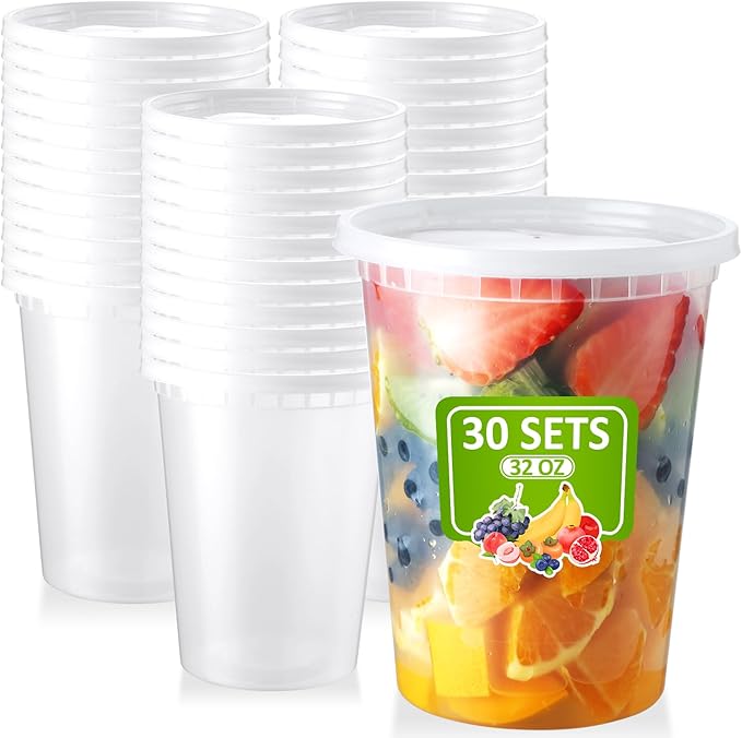 NEEBAKE 30 Set 32oz Deli-Containers-with-Lids, Airtight Food-Storage-Containers, Microwaveable & Freezer Safe Plastic-Storage-Containers-with-Lids