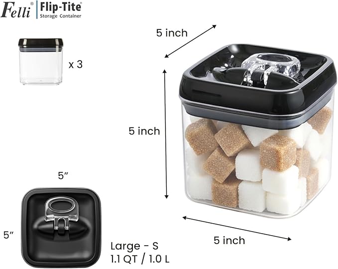 Felli Flip Tite Food Storage Container 5" LARGE Size Airtight Lid Lock Top, Stackable Kitchen Canister for Space Saving