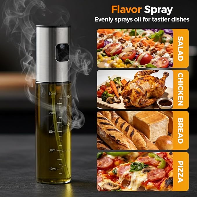 Oil Sprayer for Cooking,Olive Oil Sprayer,3.38 Oz/100ml,Press Oil Spray Pot with Scales,304 Stainless Steel Glass Oil Spray Bottle for Salad, Baking, BBQ, Air Fryer Accessories (1 Bottle with tools)