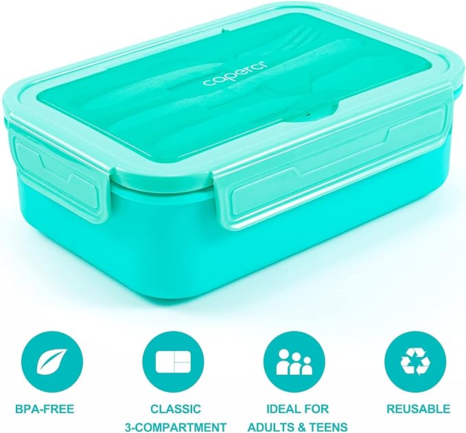 Caperci Classic Bento Box Adult Lunch Box for Older Kids - Leakpoof 47 oz 3-Compartment Lunch Containers for Adults and Teens, Built-in Utensil Set