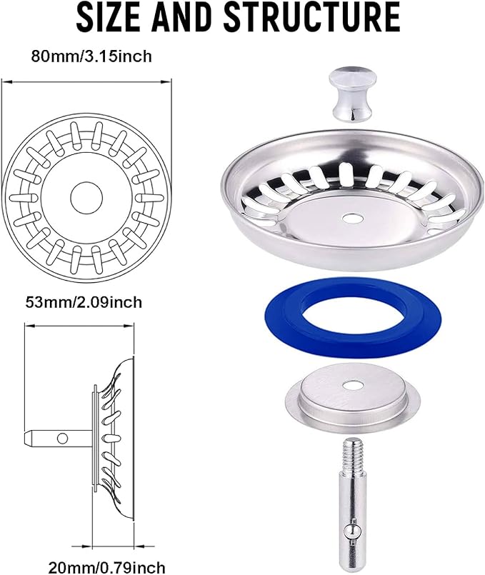 SEIWEI 2 Pack Kitchen Sink Drain Strainer Stopper Combo Basket Spring Clip Replacement, Fit Rod Standard Drain, Stainless Steel Anti-Clog Filter
