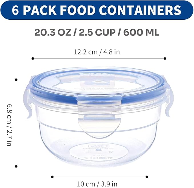 KIGI Round Food Storage Container, Leakproof Plastic Bowls with Lid Set for Soup, Snack, Fruit, Meal Prep & Lunch, 4 Sided Locking Airtight Lid