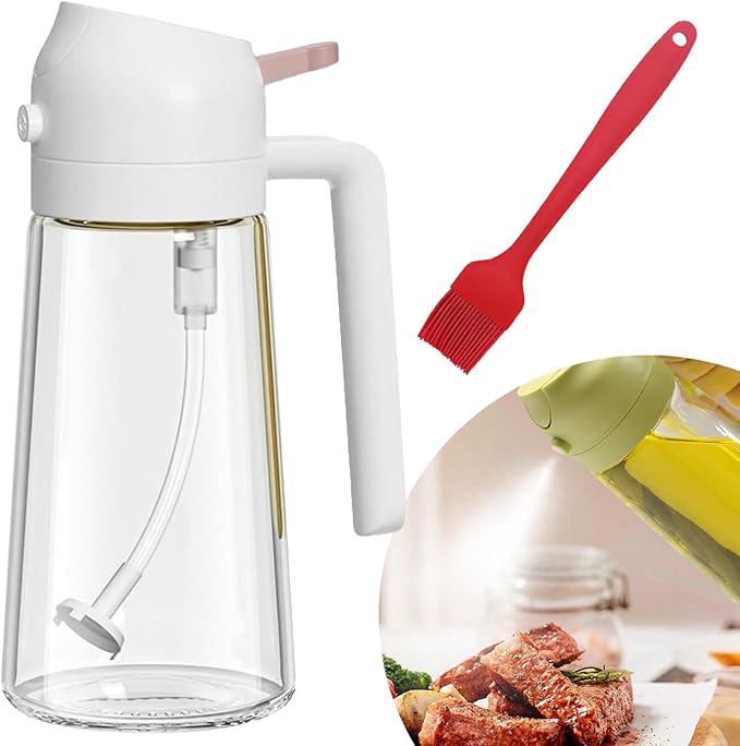 2 In 1 Glass Oil Sprayer & Dispenser with Brush, 2024 New 2-in-1 Glass Oil Sprayer and Dispenser for Kitchen Cooking, Spray Oil Dispenser for Kitchen, Food-grade Oil Mister Spray Bottle (White,600ml)