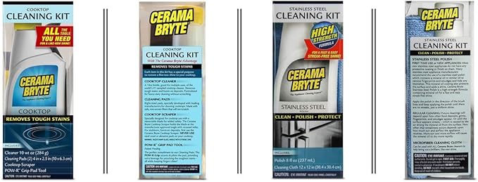 Cerama Bryte Stainless Steel Cleaner for Appliances + Cooktop and Stove Top Cleaner, 10 Ounce + 8 Fluid Ounce, POW-R Grip, Scraper, Pad + Cleaning Cloth