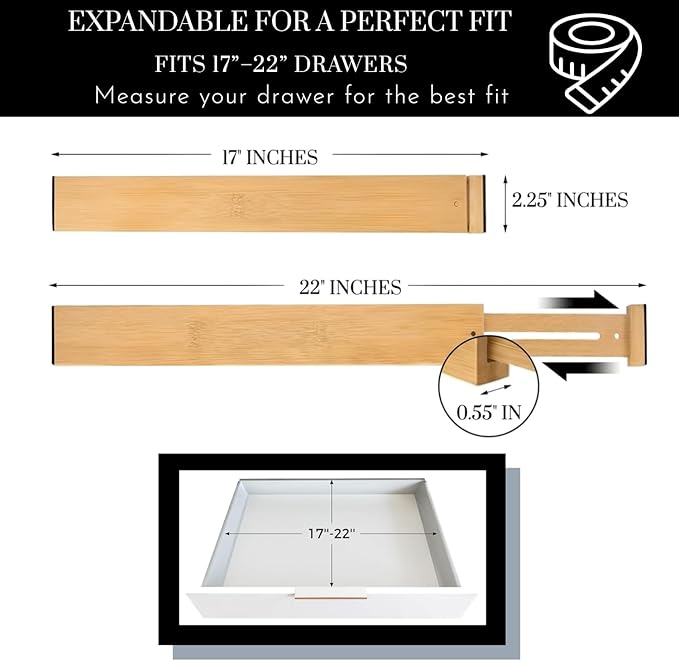 Expandable Bamboo Drawer Dividers 8 pack with labels(17"-22") Drawer Organizer
